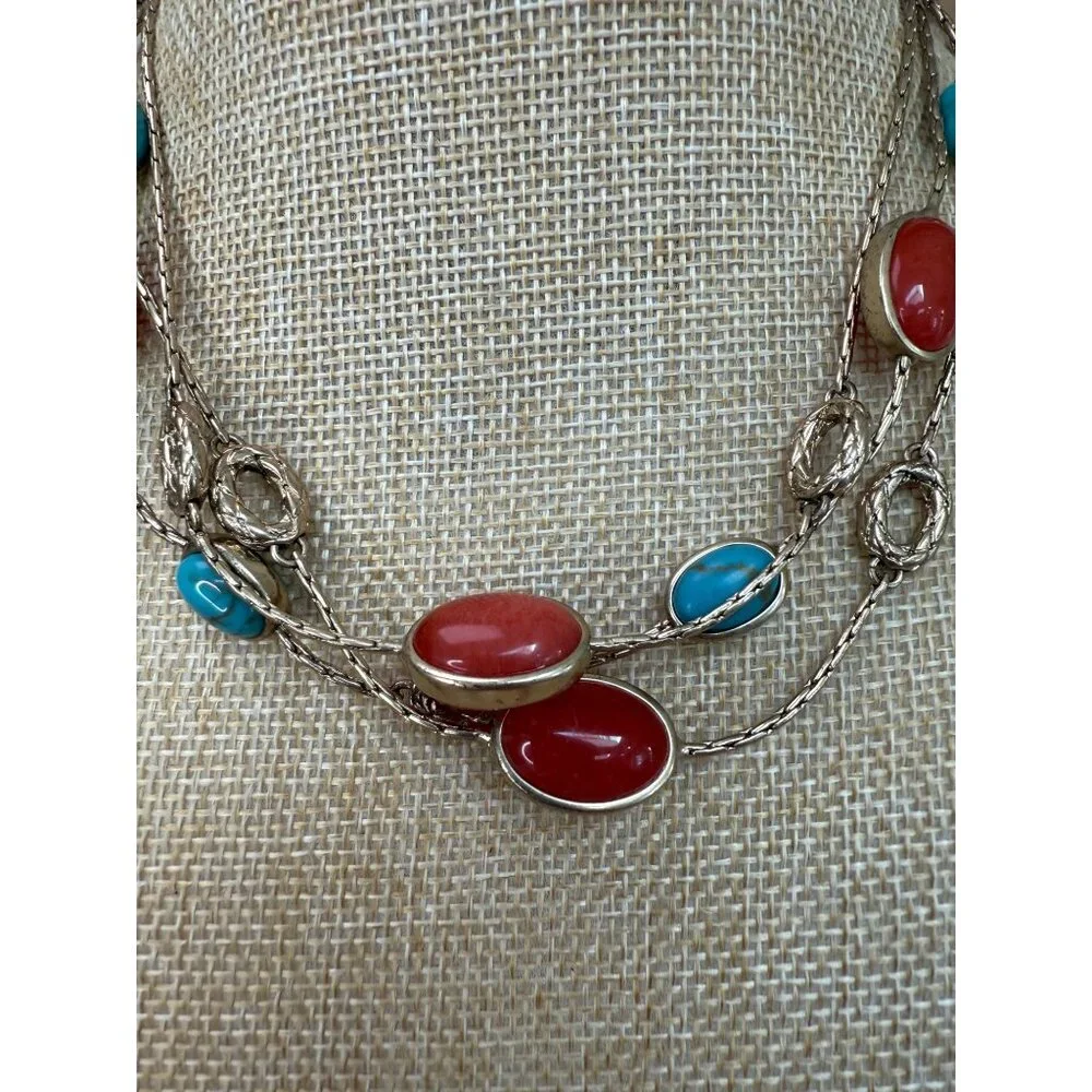 Monet Vintage Gold-Tone Multi-Strand Necklace With Red & Turquoise Cabochon Ston
